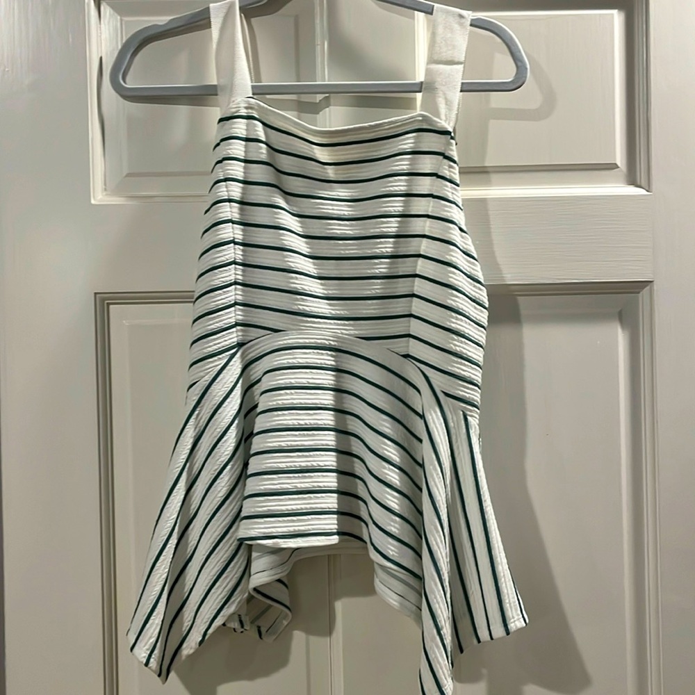 White and green stripe uneven hem tank top